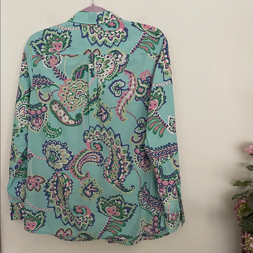 Talbots 100% Cotton Mint Green Paisley Button-Up Shirt with Pink n Navy Accents - Picture 3 of 12